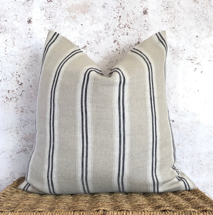 Striped Linen Cushion Cover with Indigo and Off White Stripes 18” x 18”