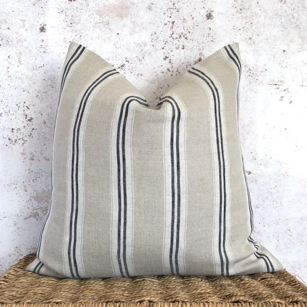 Striped Linen Cushion Cover with Indigo and Off White Stripes 18” x 18”