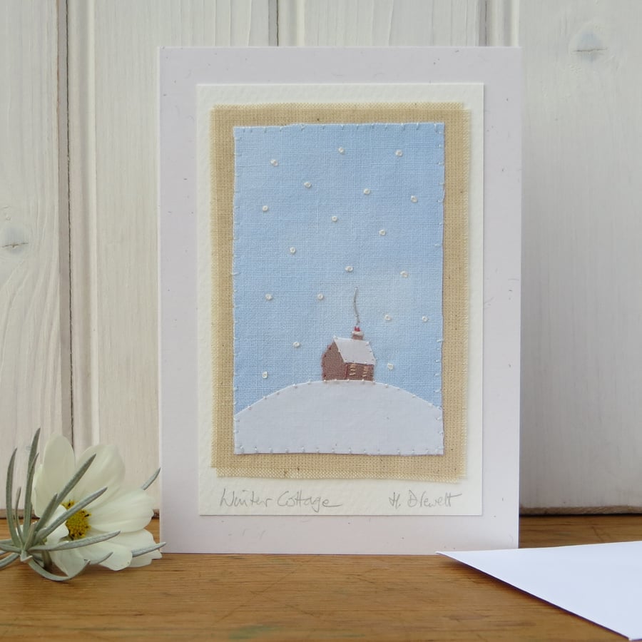 Hand-stitched miniature on card entitled 'Winter Cottage' a card to keep