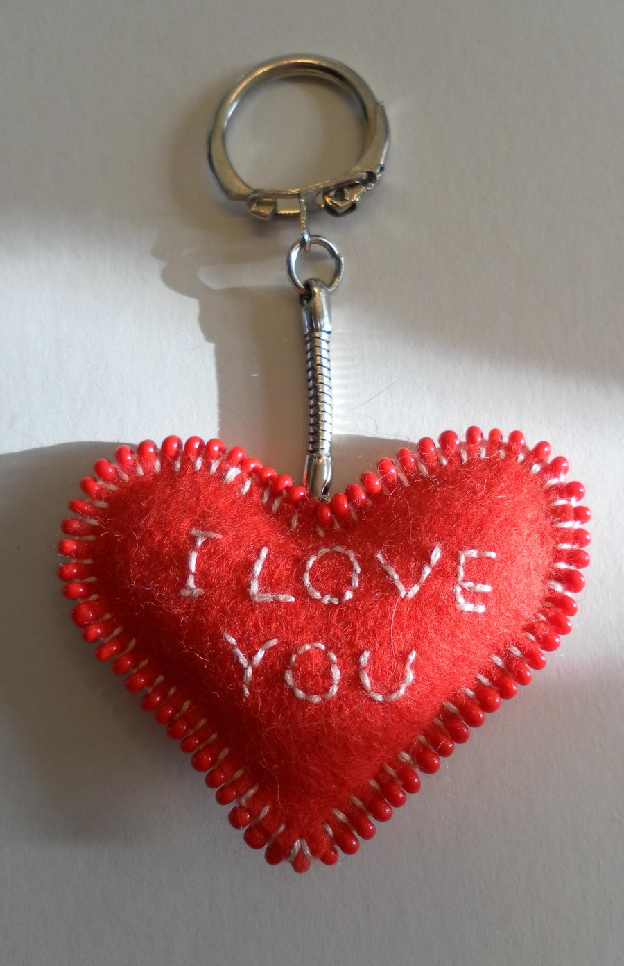  Red Felt Heart Keyring, hand embroidered and beaded, Valentine's Day