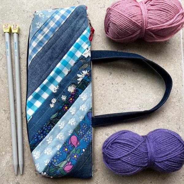 Denim and patchwork knitting bag project bag with straps