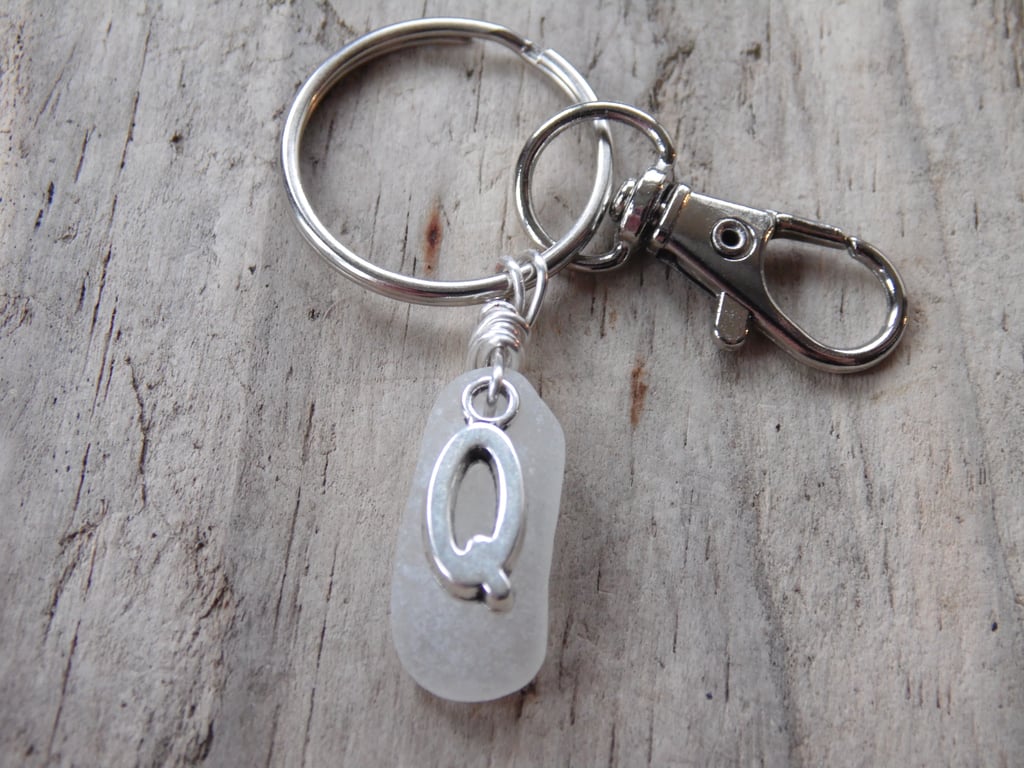 Initial 'Q' White Cornish Sea Glass Bag Charm Keyring K634