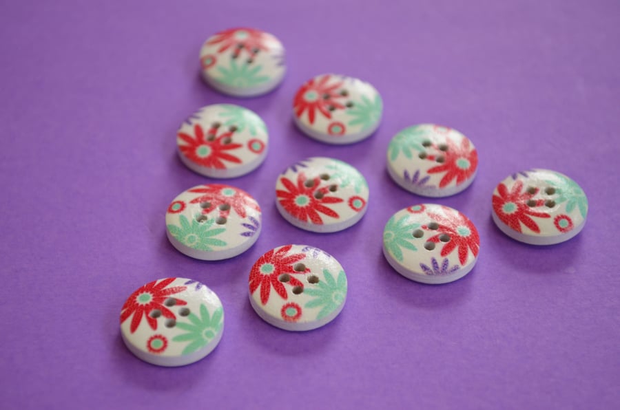 15mm Wooden Floral Buttons Aqua Red Purple 10pk Flowers (SF19)