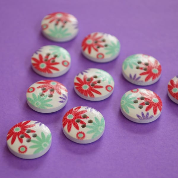15mm Wooden Floral Buttons Aqua Red Purple 10pk Flowers (SF19)