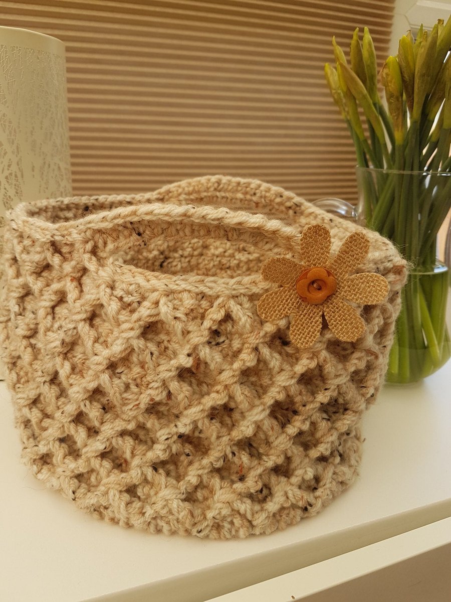 Beige natural textured crocheted basket