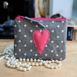 Polka Dot and Heart Motif Oilcloth Purse or Small Makeup bag