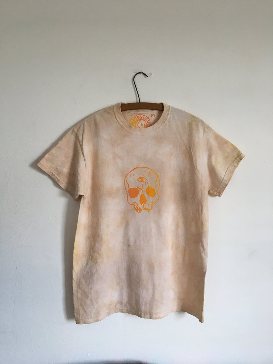 Tie-dye, natural dyed organic cotton t-shirt with skull linocut print