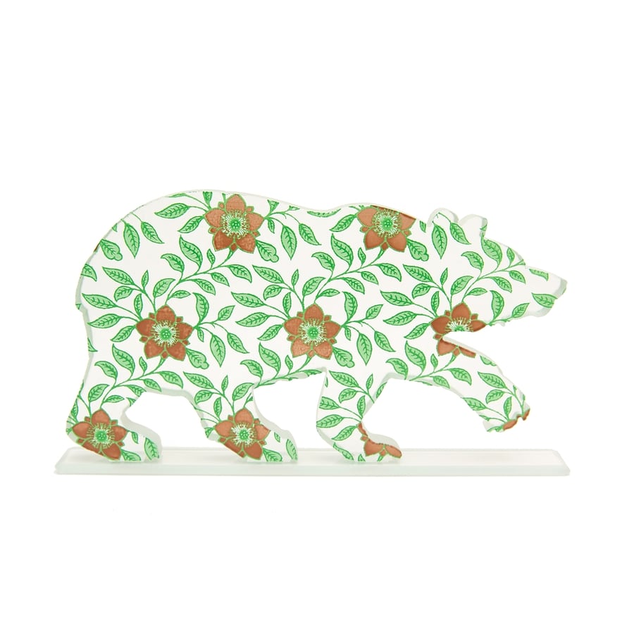 Glass Bear Sculpture with Dogrose Floral Pattern