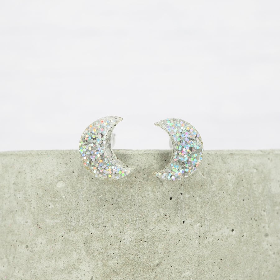 Titanium posts - Crescent moon - Silver holographic glitter stud earrings