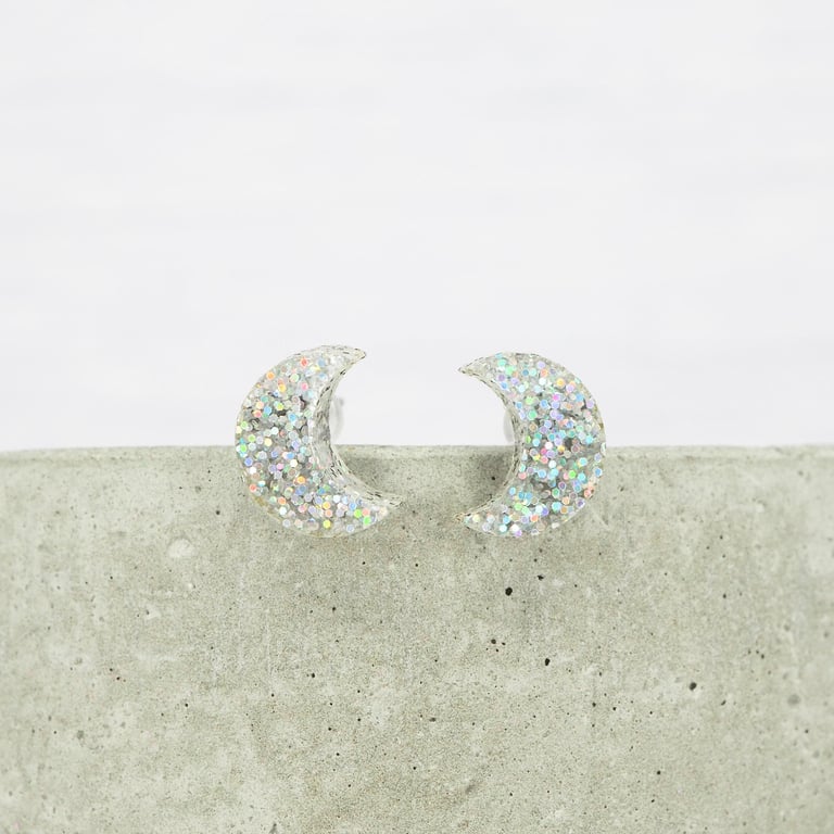 Titanium posts - Crescent moon - Silver holographic glitter stud earrings