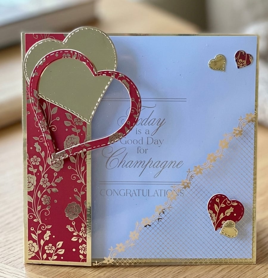 Handmade Ruby Wedding Anniversary Card. Elegant Champagne Congratulations Card
