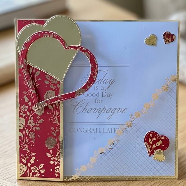 Handmade Ruby Wedding Anniversary Card. Elegant Champagne Congratulations Card