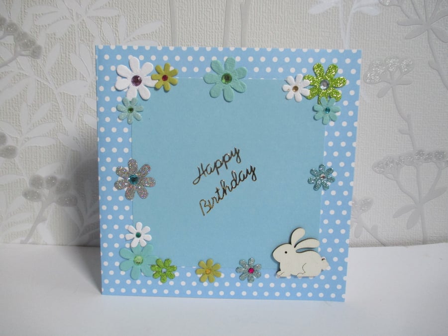 Bunny Rabbit Happy Birthday Greetings Card White Green Blue Flowers Floral