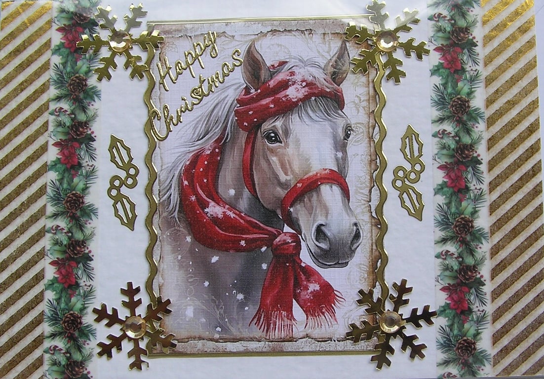 Hand Crafted Decoupage Chistmas Card - Happy Christmas (2763) - Pony Horse