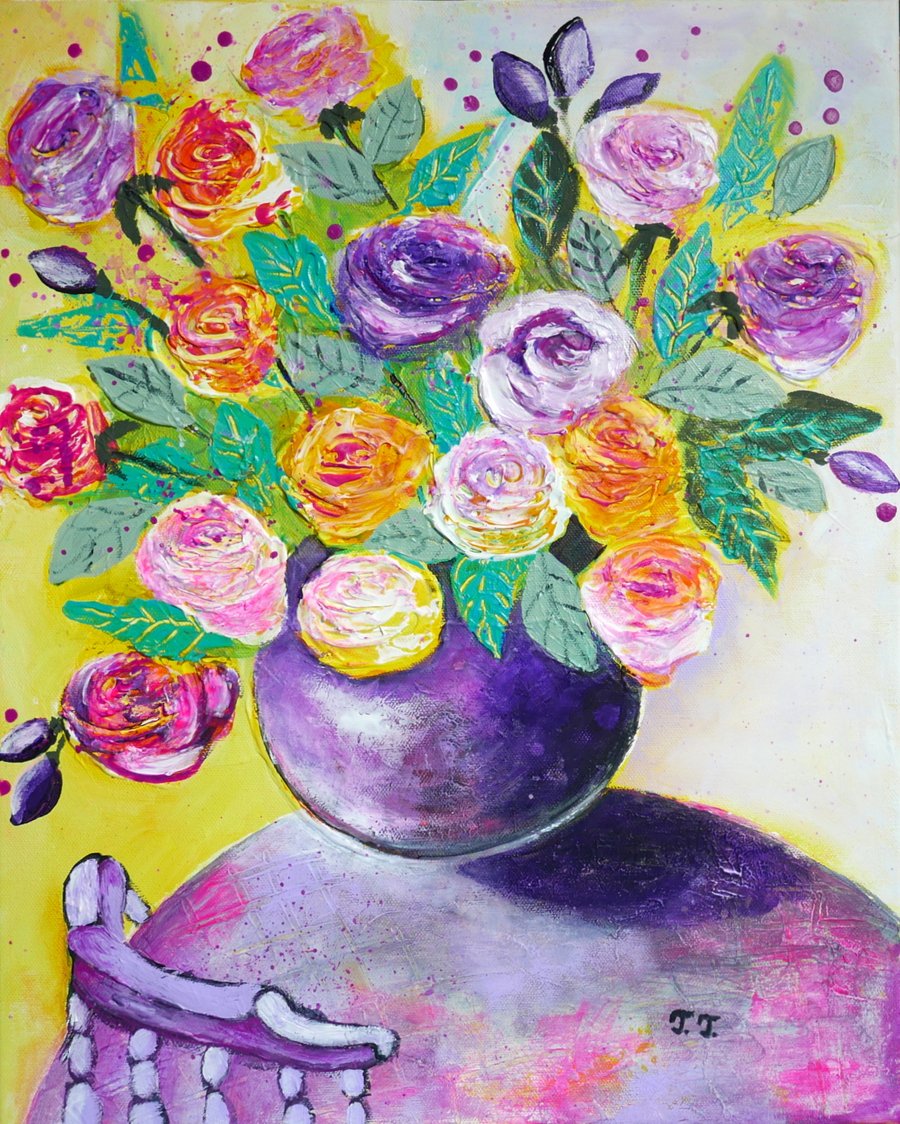 Purple Rose Painting, Abstract Expressionism Artwork, Modern Art for Home Decor