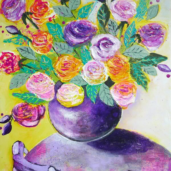 Purple Rose Painting, Abstract Expressionism Artwork, Modern Art for Home Decor