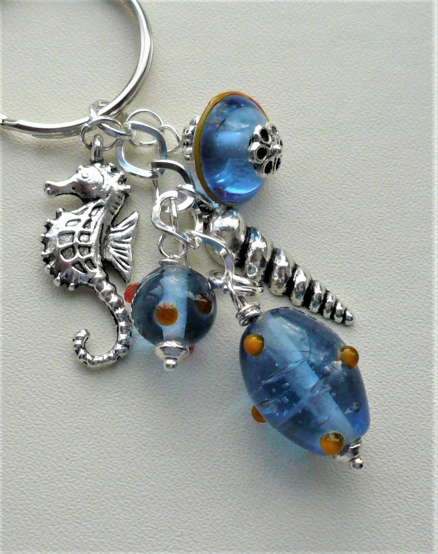Blue Glass Bead Silver Seahorse and Shell Themed Keyring Bag Charm    KCJ2036