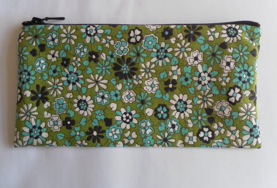 Zipped bag, make up bag, pencil case, green, turquoise, white, black floral 