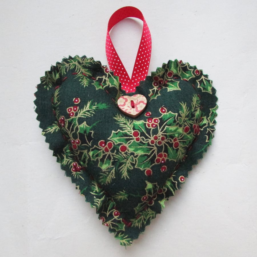Green Christmas holly print hanging heart decoration