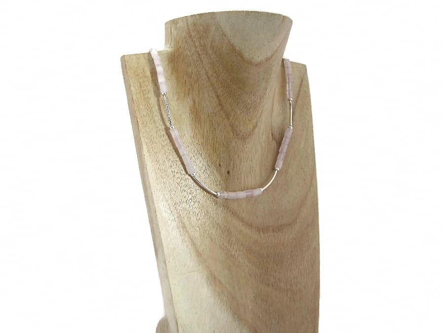 Bespoke Baby Pink Rose Quartz Column Tubes & Sterling Silver Curves Necklace