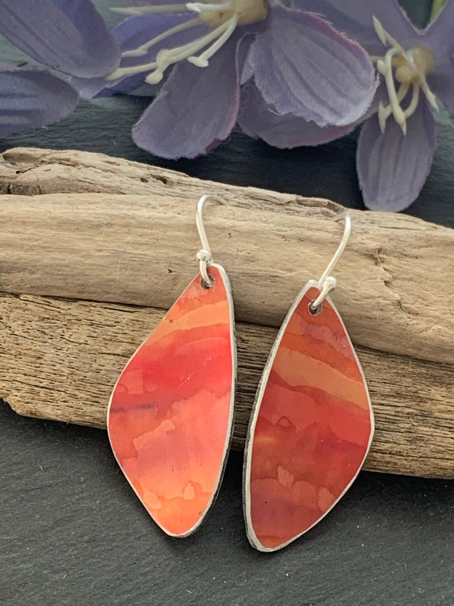 Printed Aluminium and sterling silver earrings - orange stipes
