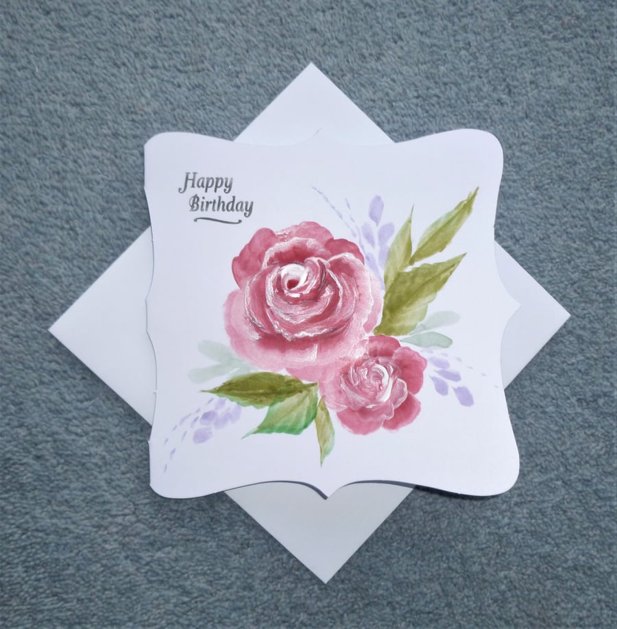 hand painted floral rose Birthday Card ( ref F370.H3 )
