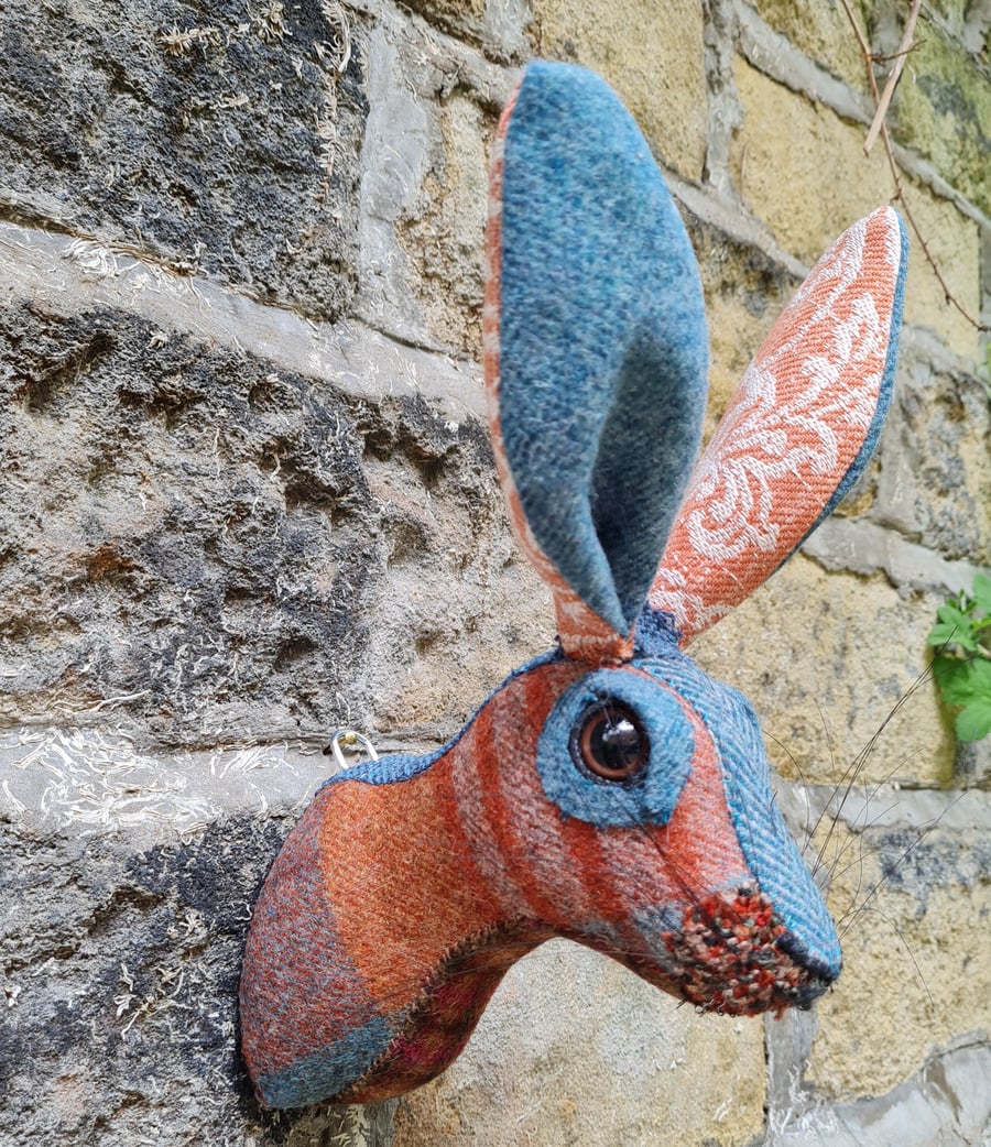Faux hare head in blue and orange Abraham Moon wool by Crafted Creatures