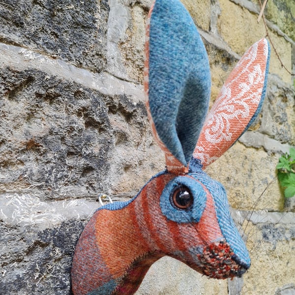 Faux hare head in blue and orange Abraham Moon wool by Crafted Creatures
