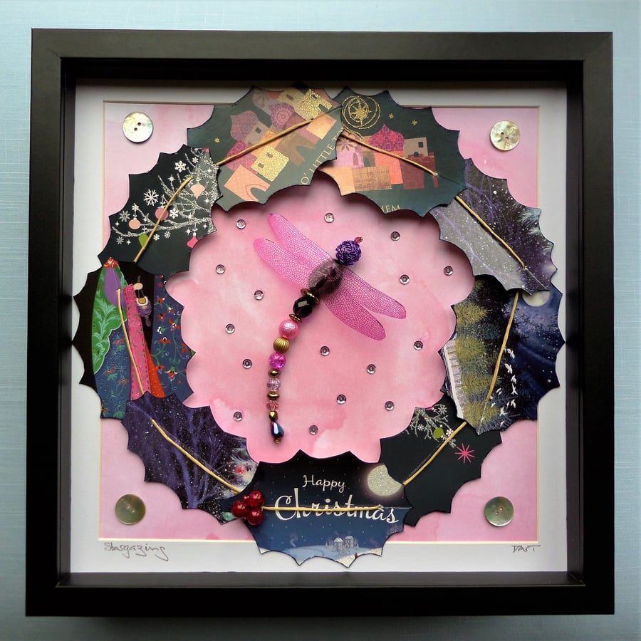 Stargazing Beaded Dragonfly Christmas Wreath Box Frame