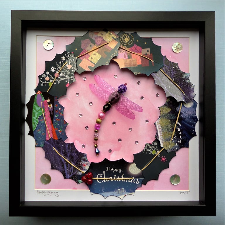Stargazing Beaded Dragonfly Christmas Wreath Box Frame