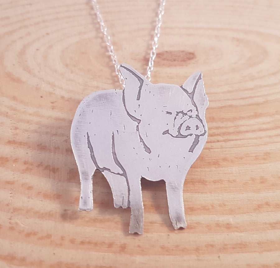 Sterling Silver Etched Pig Necklace