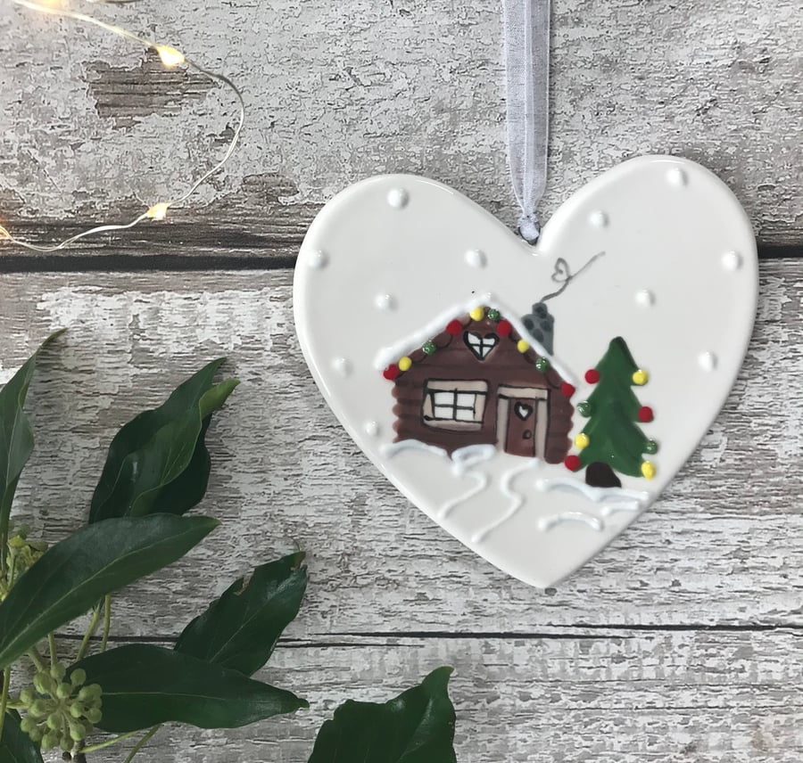 Christmas Cabin on Christmas Eve - Christmas Decoration - Ceramic Heart