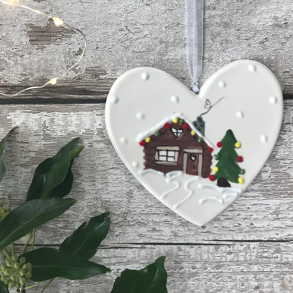 Christmas Cabin on Christmas Eve - Christmas Decoration - Ceramic Heart