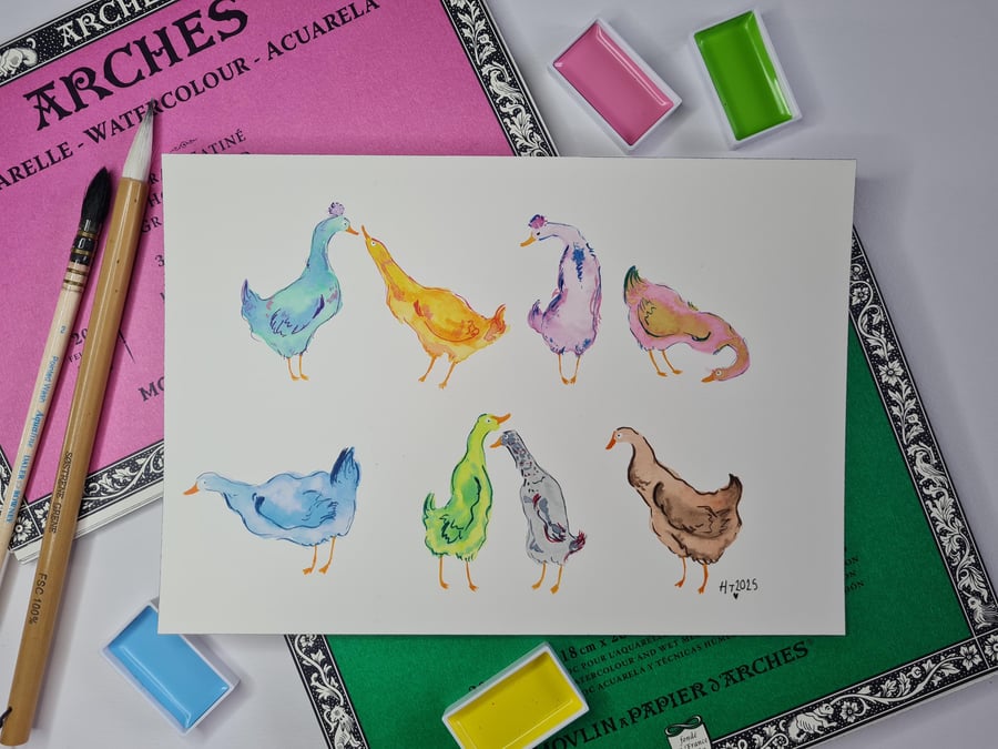 Original Watercolour painting colourful duck art