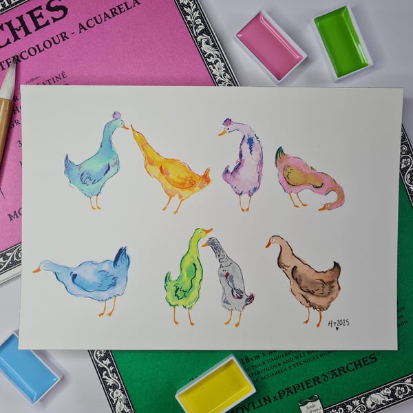 Original Watercolour painting colourful duck art