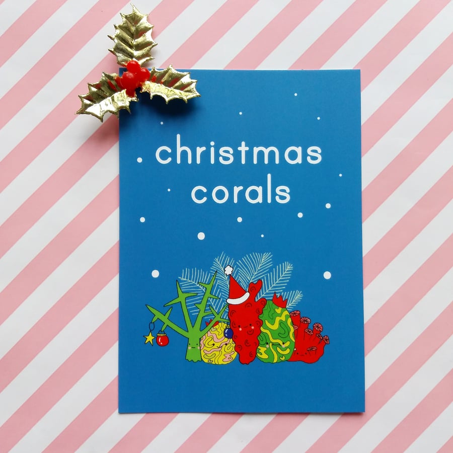 christmas corals postcard & envelope, christmas pun, cute christmas