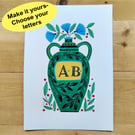 Personalised folk art painting, green vase flowers A5 acrylic original artwork  