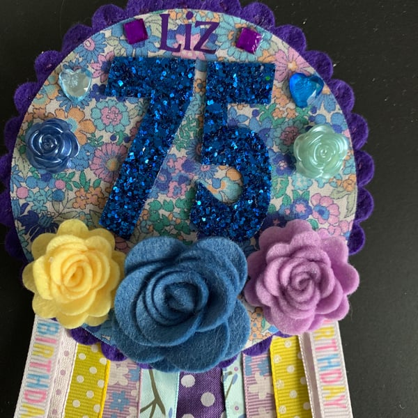 Birthday badge-Rosette Personalised - Pastel flowers - 75th female