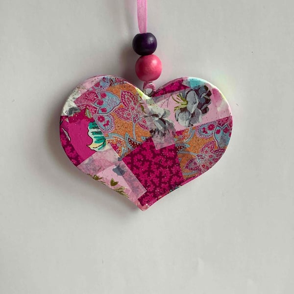 Sparkly Pink decopatched wooden heart