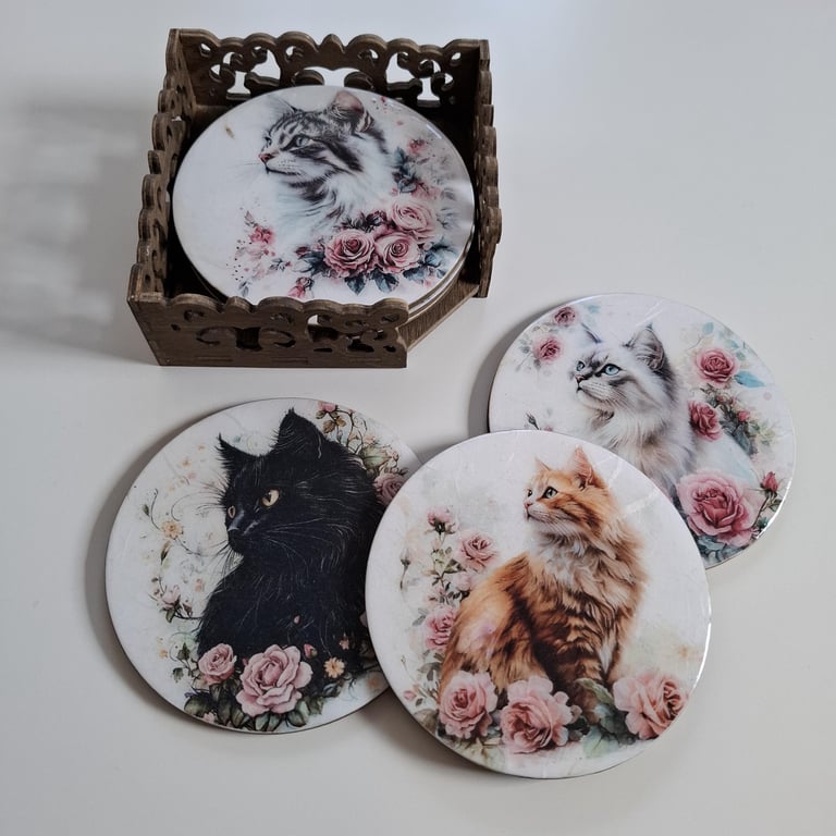 Set of 6 Cat Coasters, Decoupaged Wooden Drink Mats