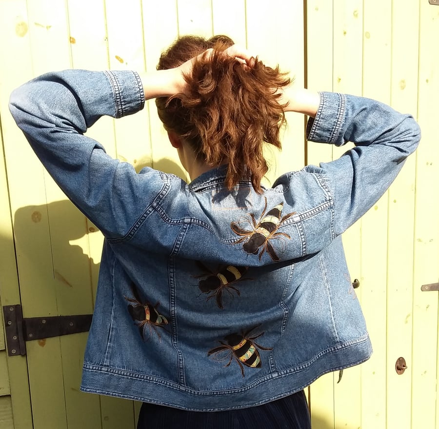 Upcycled denim jacket with bees