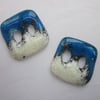 Handmade pair of cast glass buttons - Square deep sea