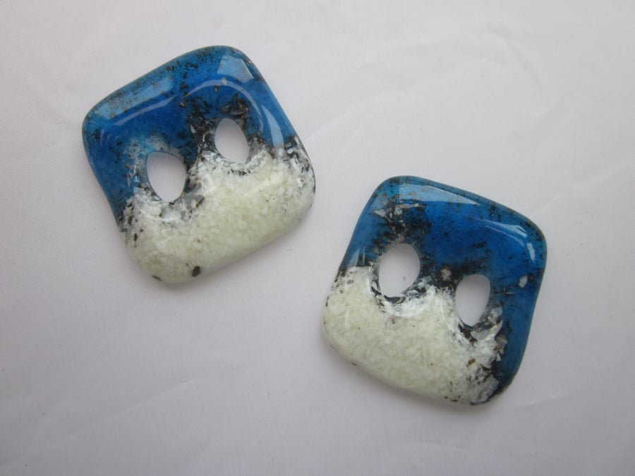 Handmade pair of cast glass buttons - Square deep sea
