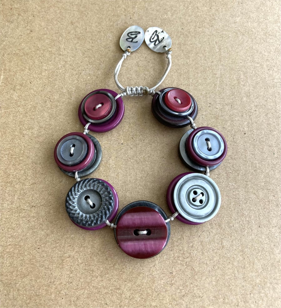 Purple and Grey Color Palette - Vintage Button Adjustable Handmade Bracelet
