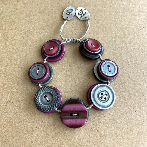 Purple and Grey Color Palette - Vintage Button Adjustable Handmade Bracelet