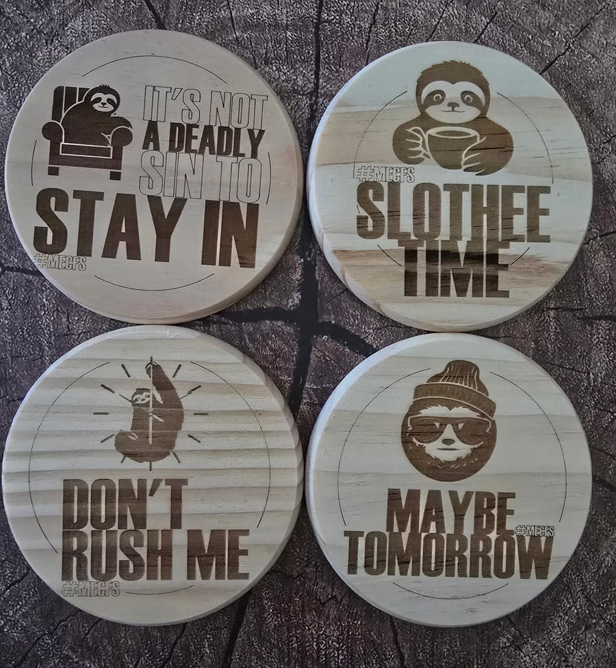 Sloth Coasters for ME & CFS - Choice of designs - donation to Action for ME
