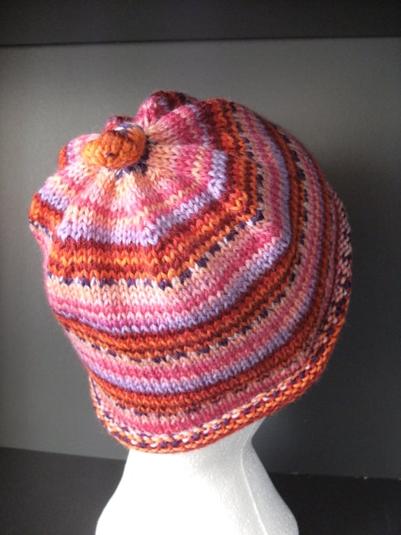 Handknit KNOTTY TOP BEANIE Stripey jacquard in Pinks & Reds child teen adult sma