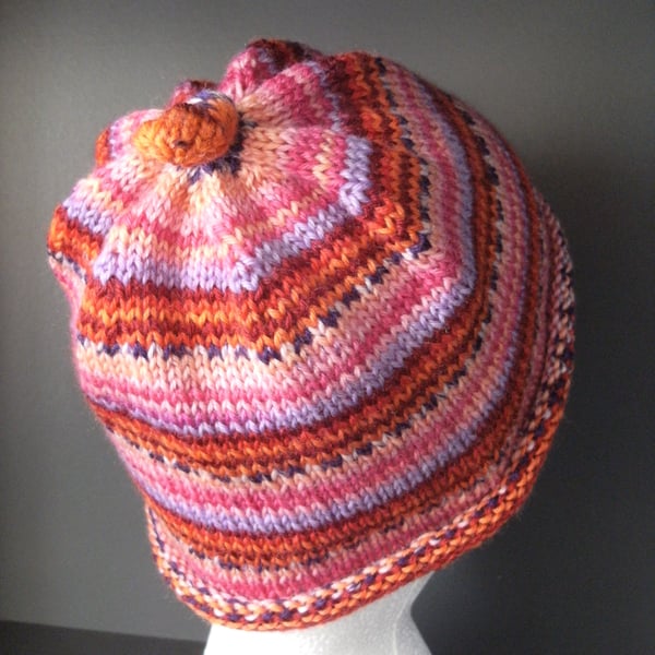 Handknit KNOTTY TOP BEANIE Stripey jacquard in Pinks & Reds child teen adult sma