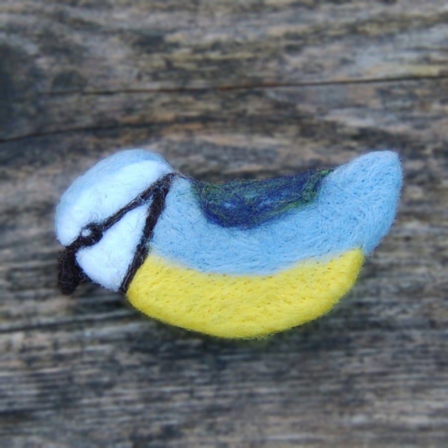 Brooch or badge, Blue Tit, needle felt, wool art.   