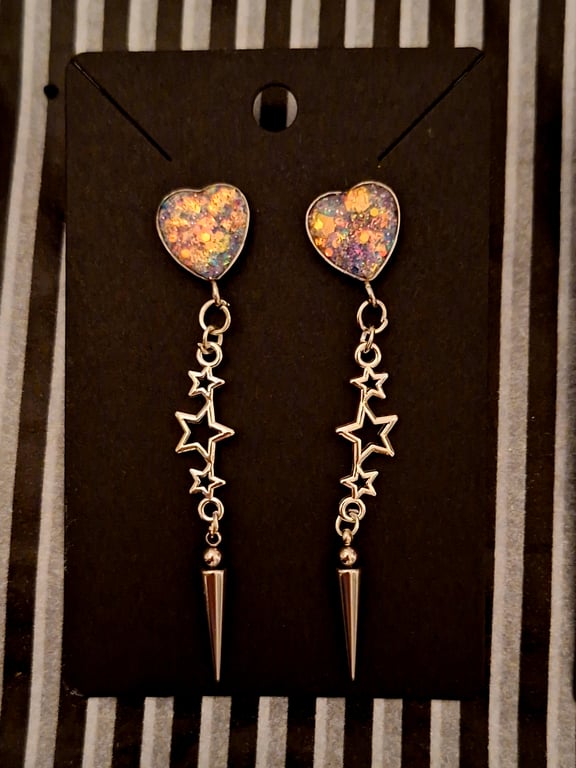 Gothic stars heart spike pink glitter stud earrings emo punk alternative 